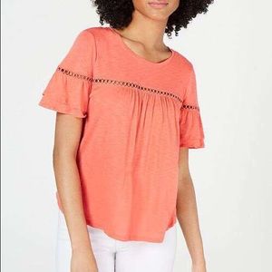 CeCe Flutter-Sleeve Circle-Trim Top